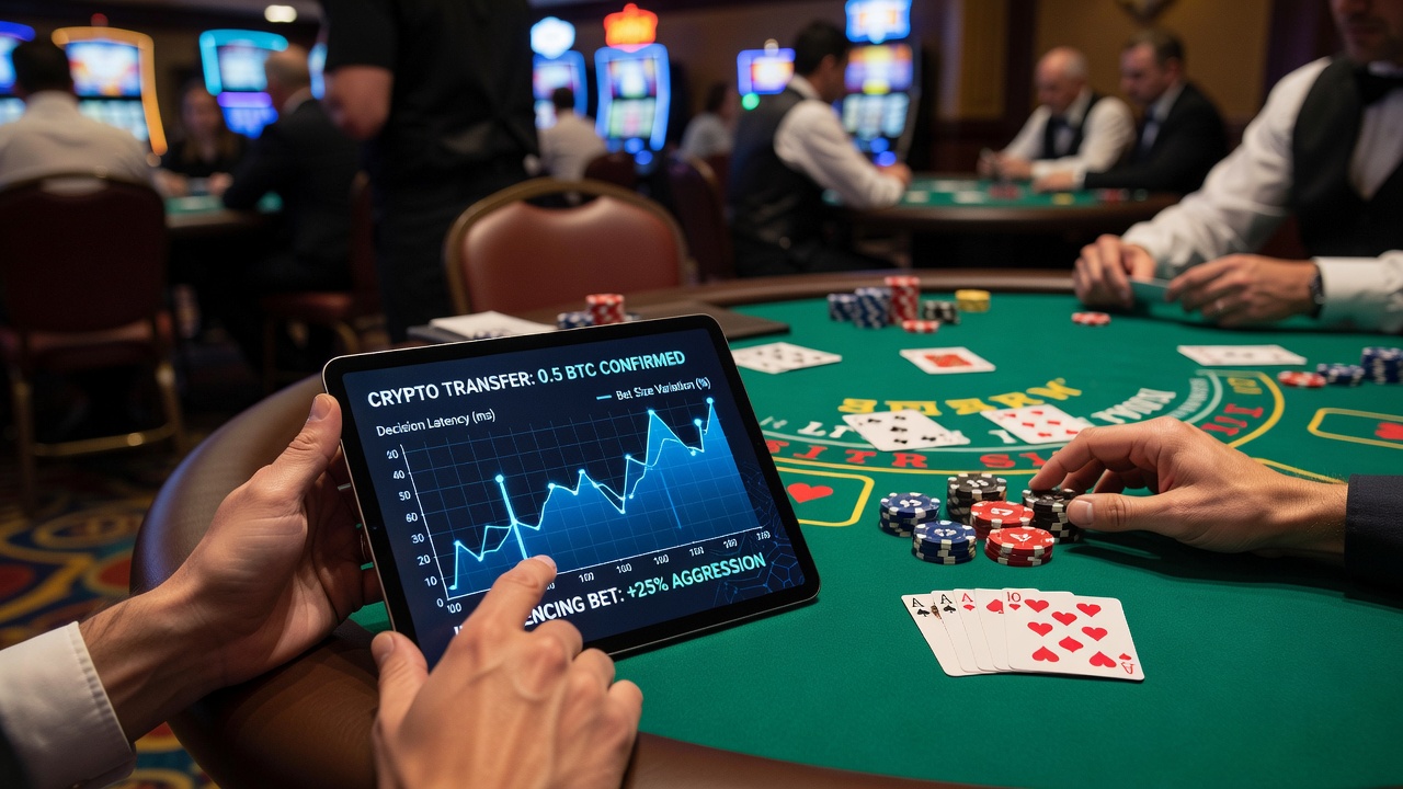 Close-up of smartphone screen showing live blackjack gameplay alongside crypto wallet balance