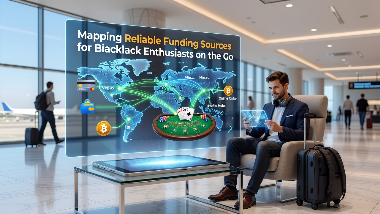 Blackjack player using mobile device to check funding options while traveling
