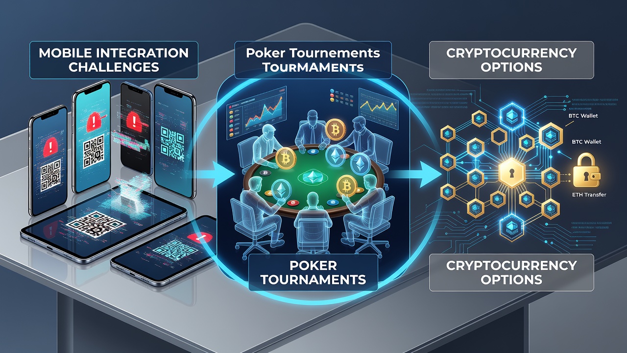 Mobile poker tournament interface displaying cryptocurrency wallet integration and real-time gameplay elements