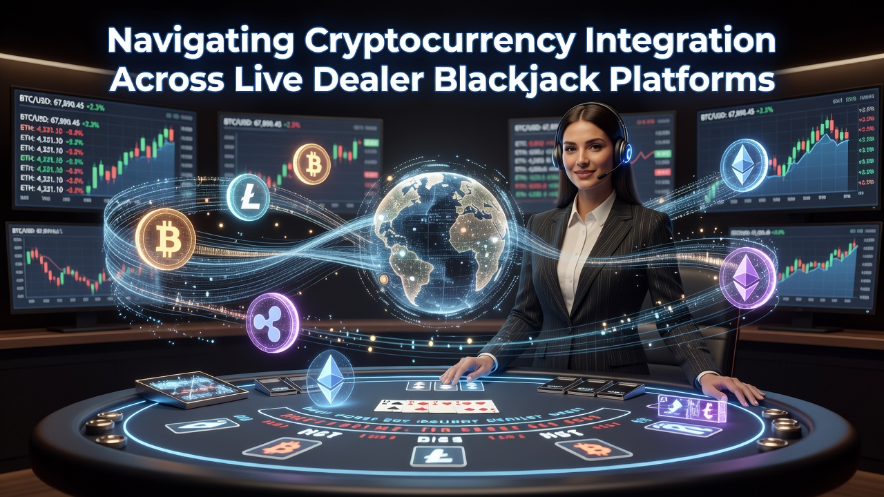 Live dealer blackjack table with digital currency transaction icons overlaid on the felt surface