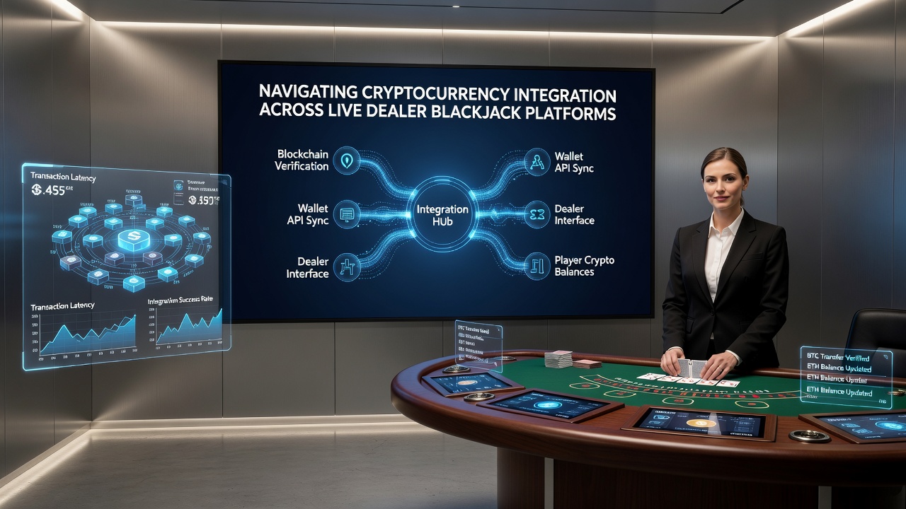 Close-up view of a live blackjack dealer handling chips next to a secure digital wallet interface on a secondary screen