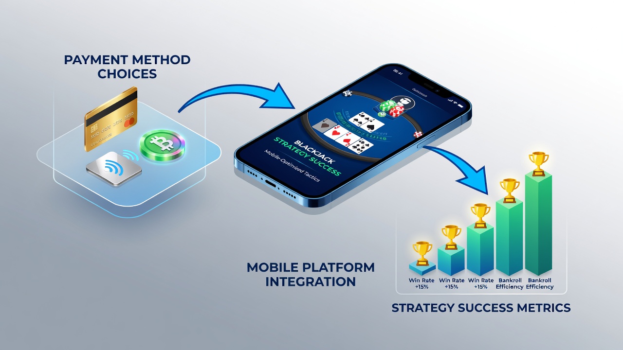 Smartphone screen showing secure payment confirmation screen next to a blackjack table layout with strategy reference cards
