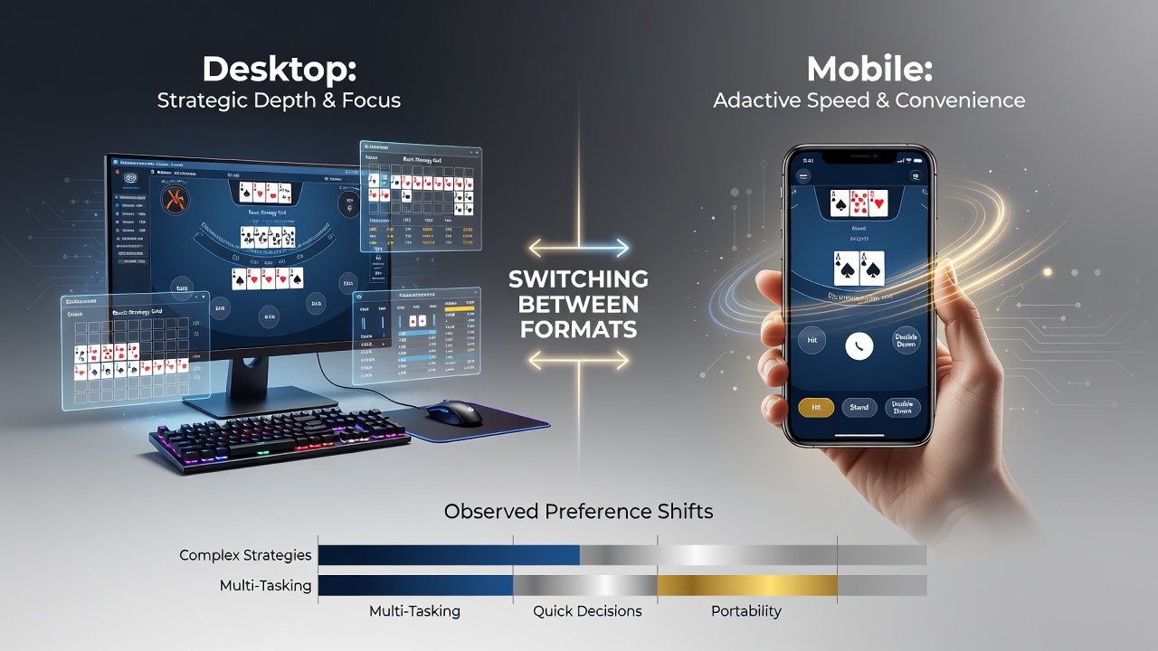 Blackjack players comparing desktop and mobile interfaces side by side