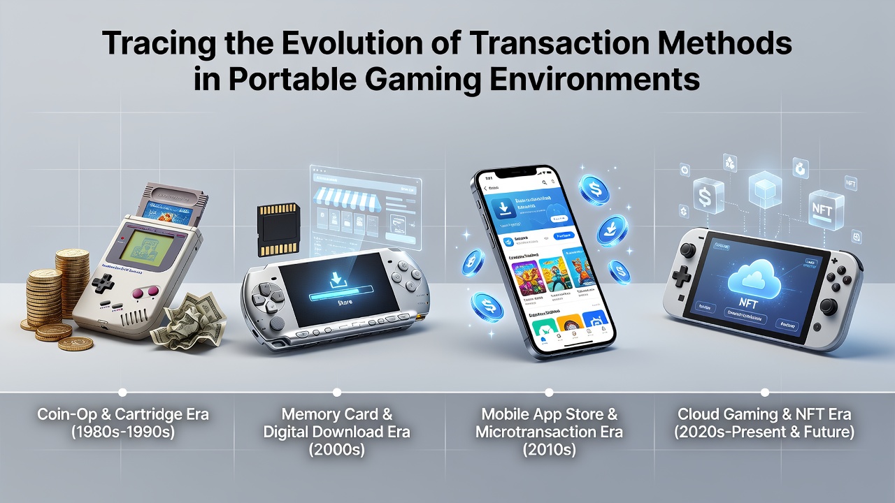 Early portable gaming devices showing physical cartridge slots and coin-operated mechanisms from the 1980s and 1990s