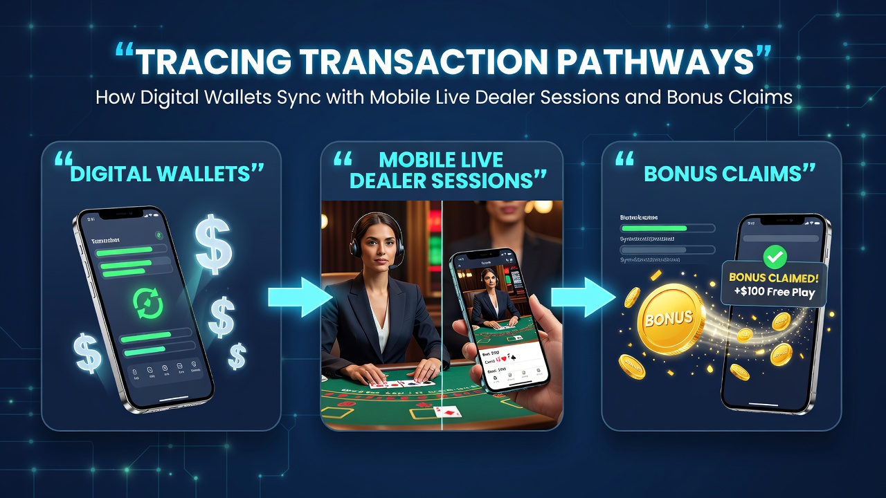 Illustration showing the flow of digital wallet transactions connecting to mobile live dealer sessions and bonus processing systems