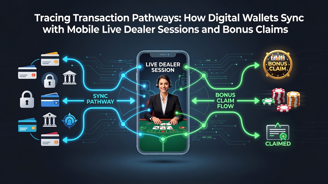 Technical diagram depicting encrypted transaction pathways linking digital wallets, mobile apps, and live dealer bonus systems